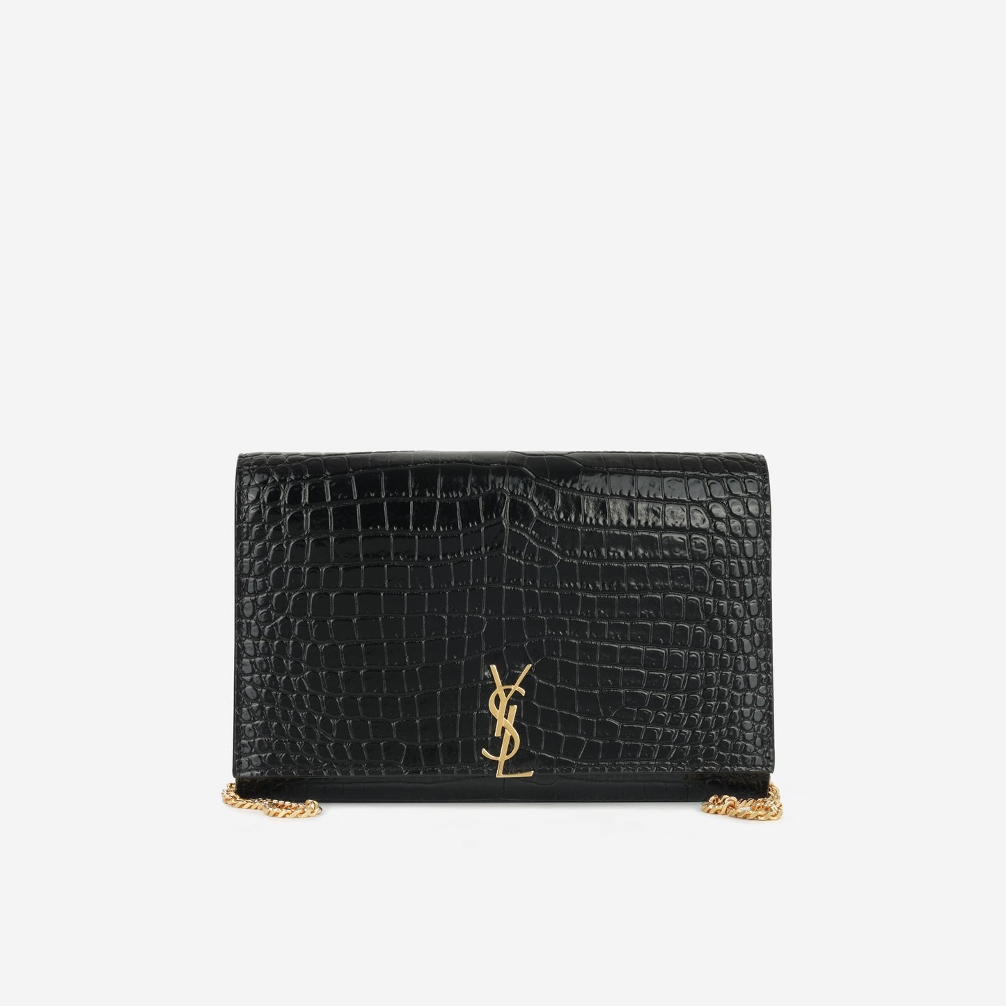 Saint Laurent - Cassandre Clutch on Chain - Black Croc Embossed Leather GHW -