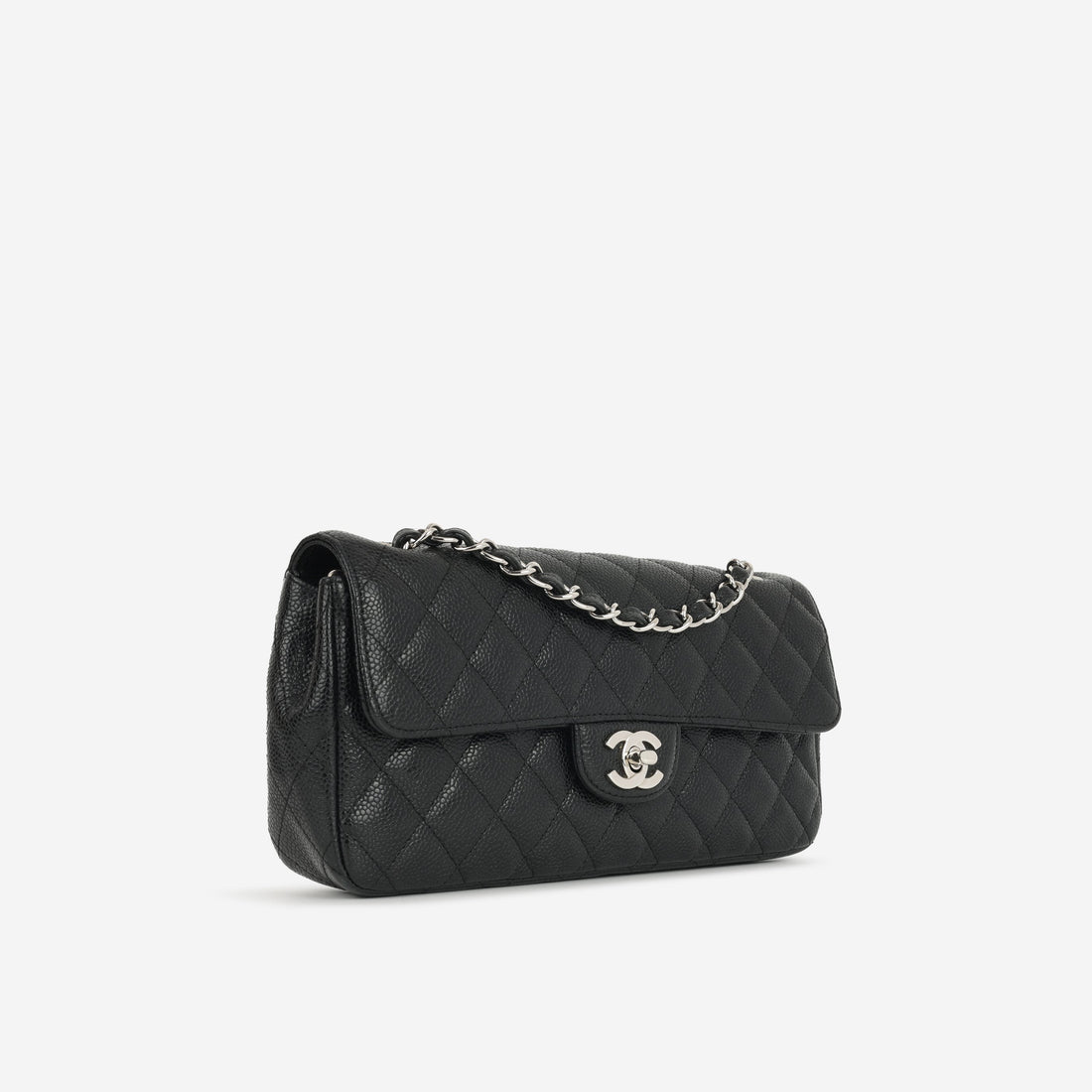 Chanel East West Flap Bag Black Caviar Silver Hardware
