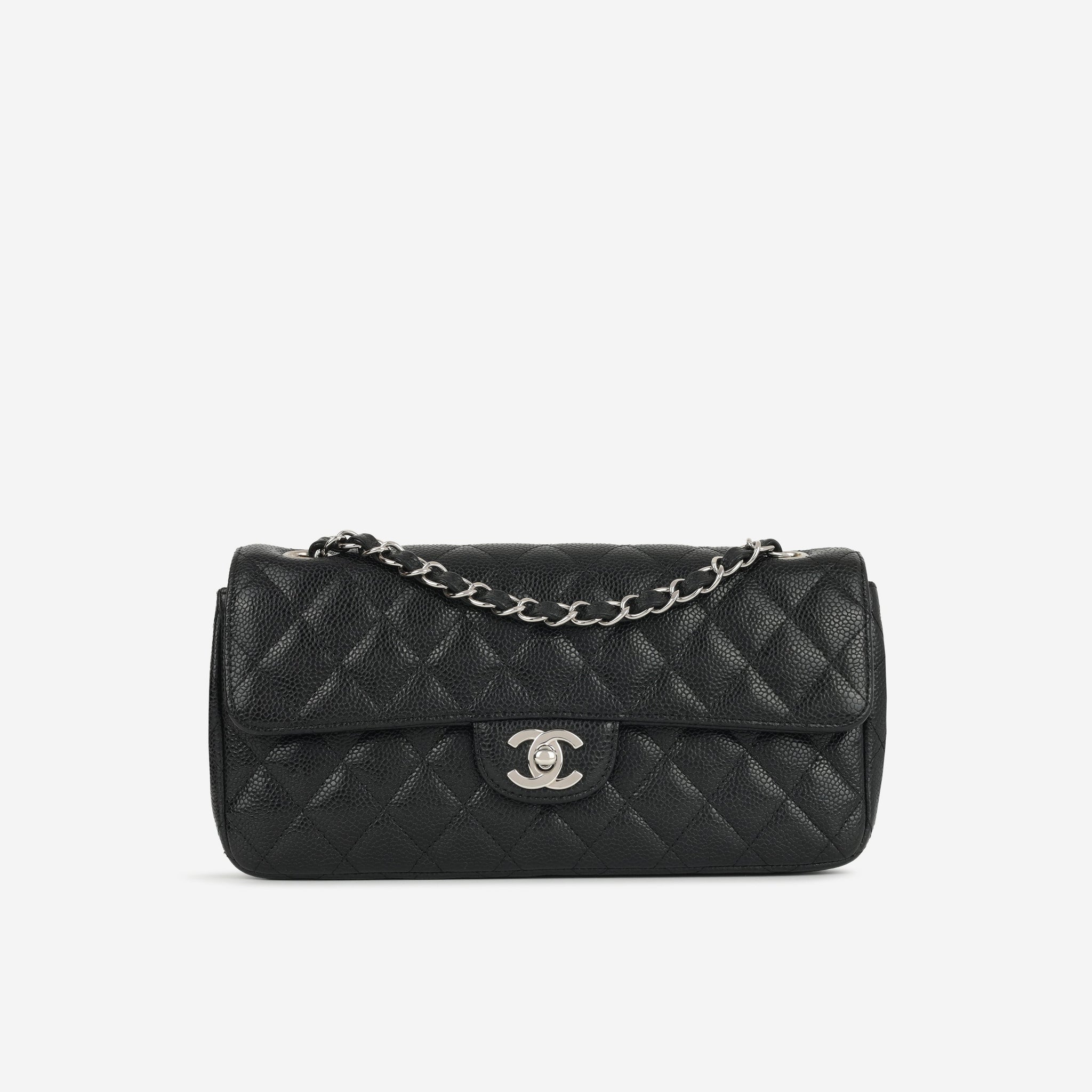 Chanel East West Flap Bag Black Caviar Silver Hardware