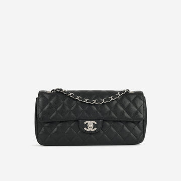 Chanel East West Flap Bag Black Caviar Silver Hardware