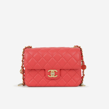 Chanel Seasonal CC Pins Flap Red Lambskin Gold Hardware