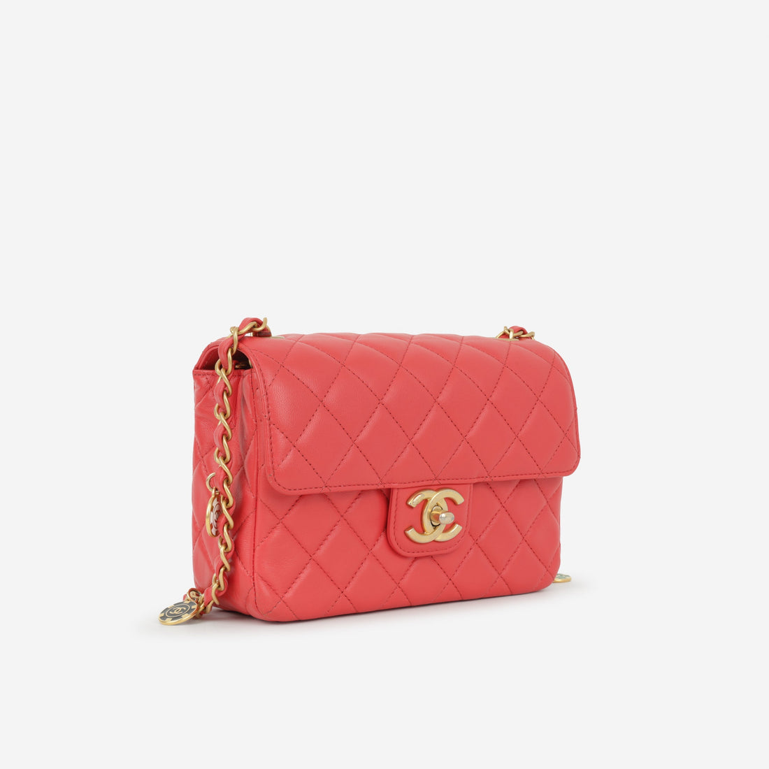 Chanel Seasonal CC Pins Flap Red Lambskin Gold Hardware