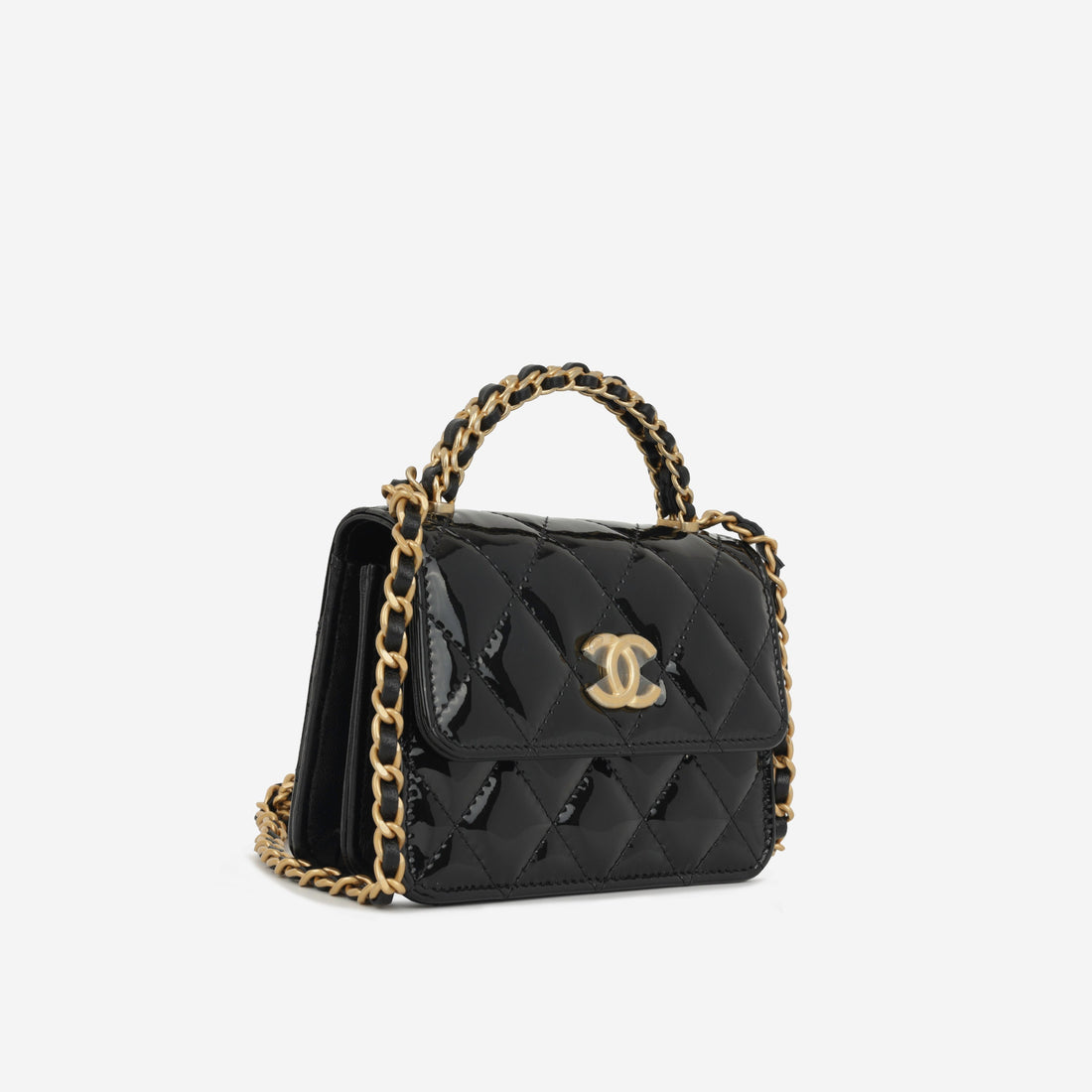 Chanel Micro Top Handle Clutch On Chain Black Patent Calfskin Gold Hardware