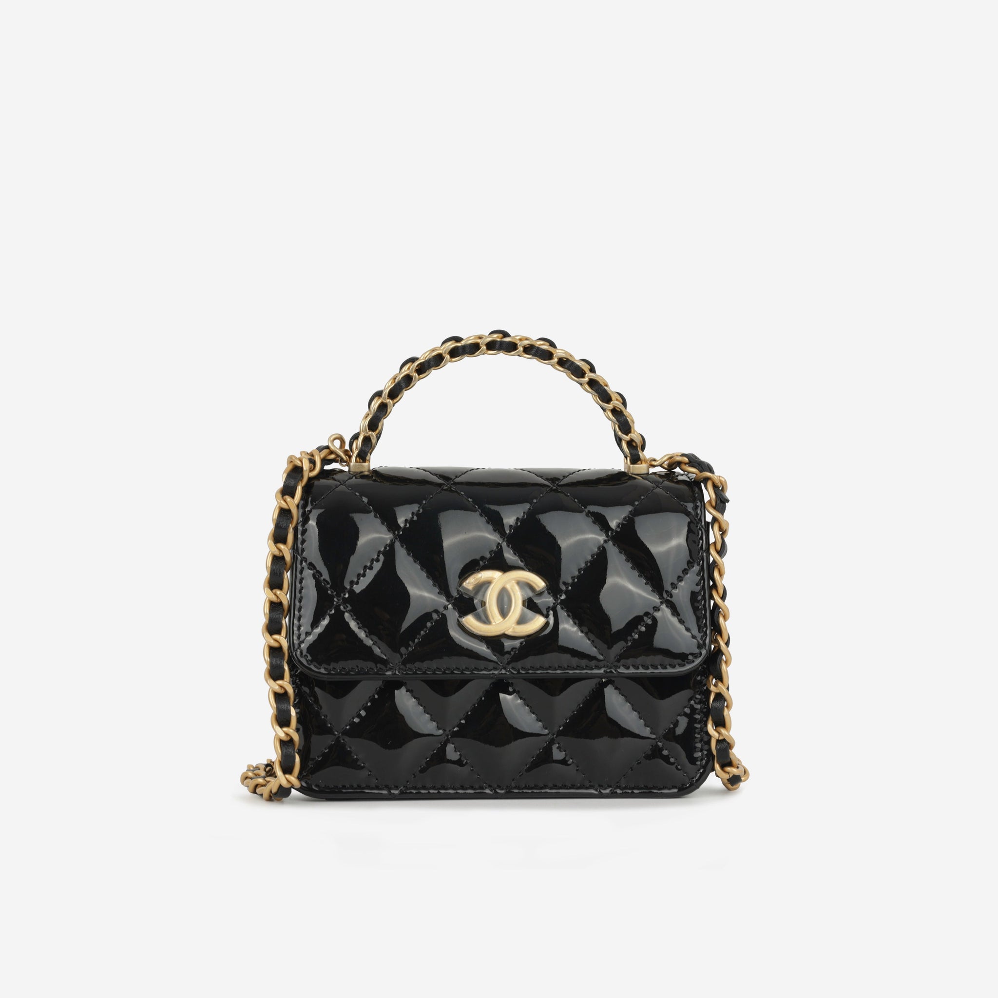 Chanel Micro Top Handle Clutch On Chain Black Patent Calfskin Gold Hardware