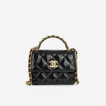 Chanel Micro Top Handle Clutch On Chain Black Patent Calfskin Gold Hardware