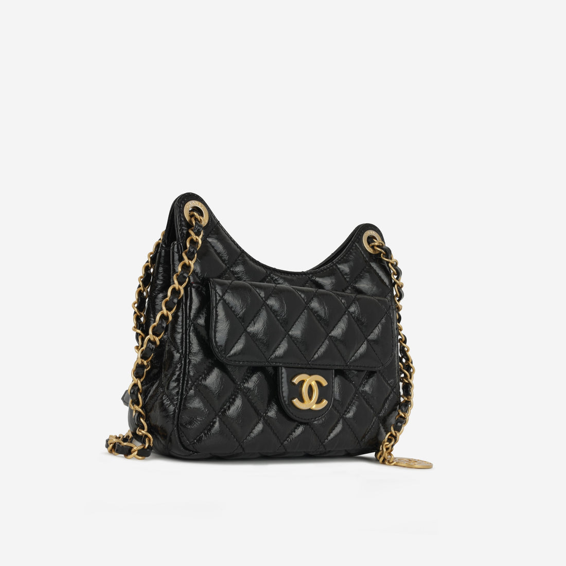 Chanel Small Hobo Bag Black Shiny Crumpled Calfskin Gold Hardware