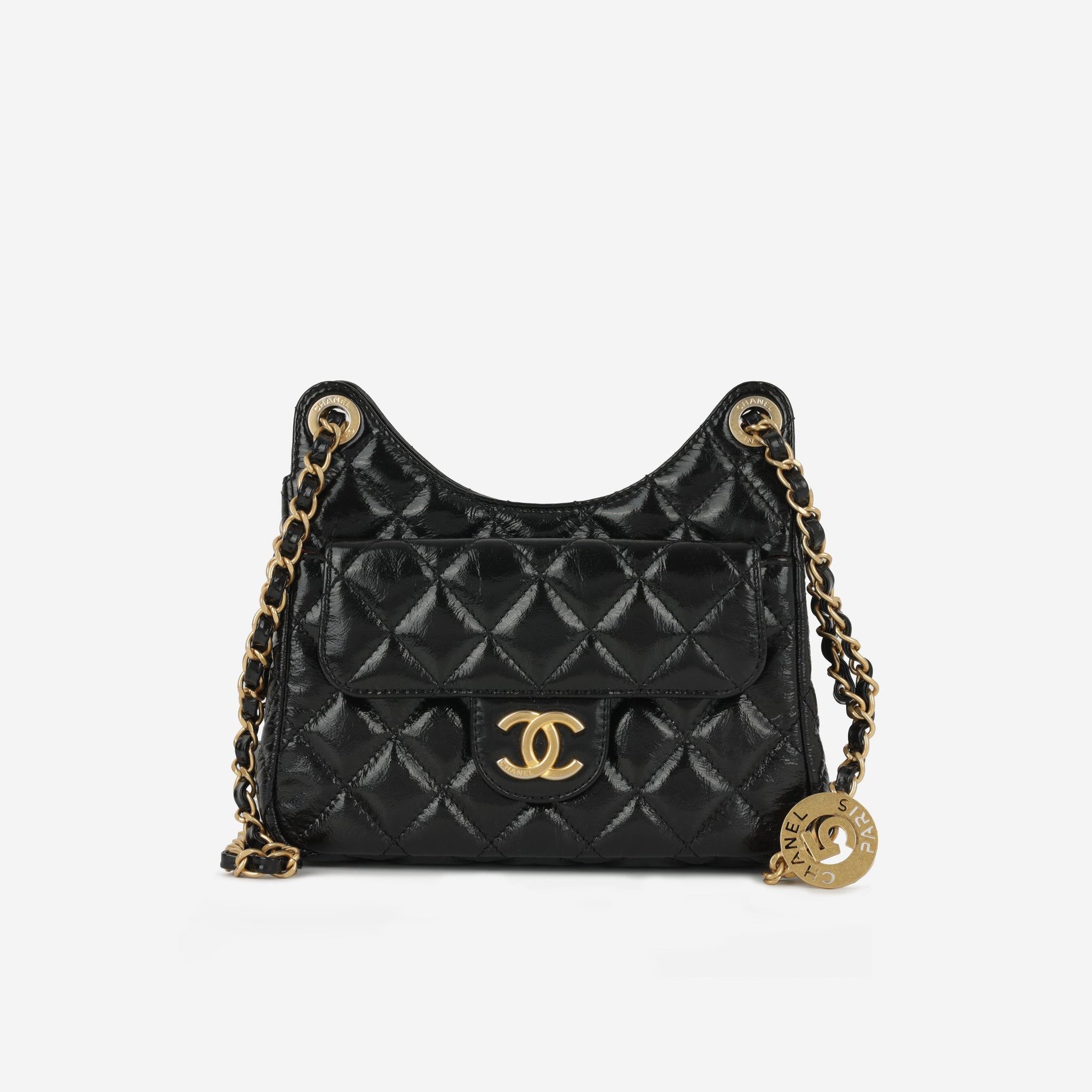 Chanel Small Hobo Bag Black Shiny Crumpled Calfskin Gold Hardware