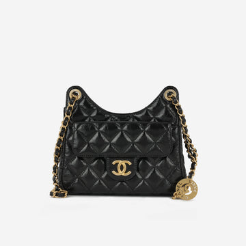 Chanel Small Hobo Bag Black Shiny Crumpled Calfskin Gold Hardware