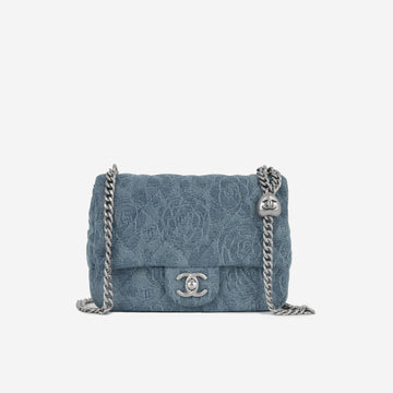 Chanel Square Camellia Heart Crush Blue Embroidered Denim Silver Hardware