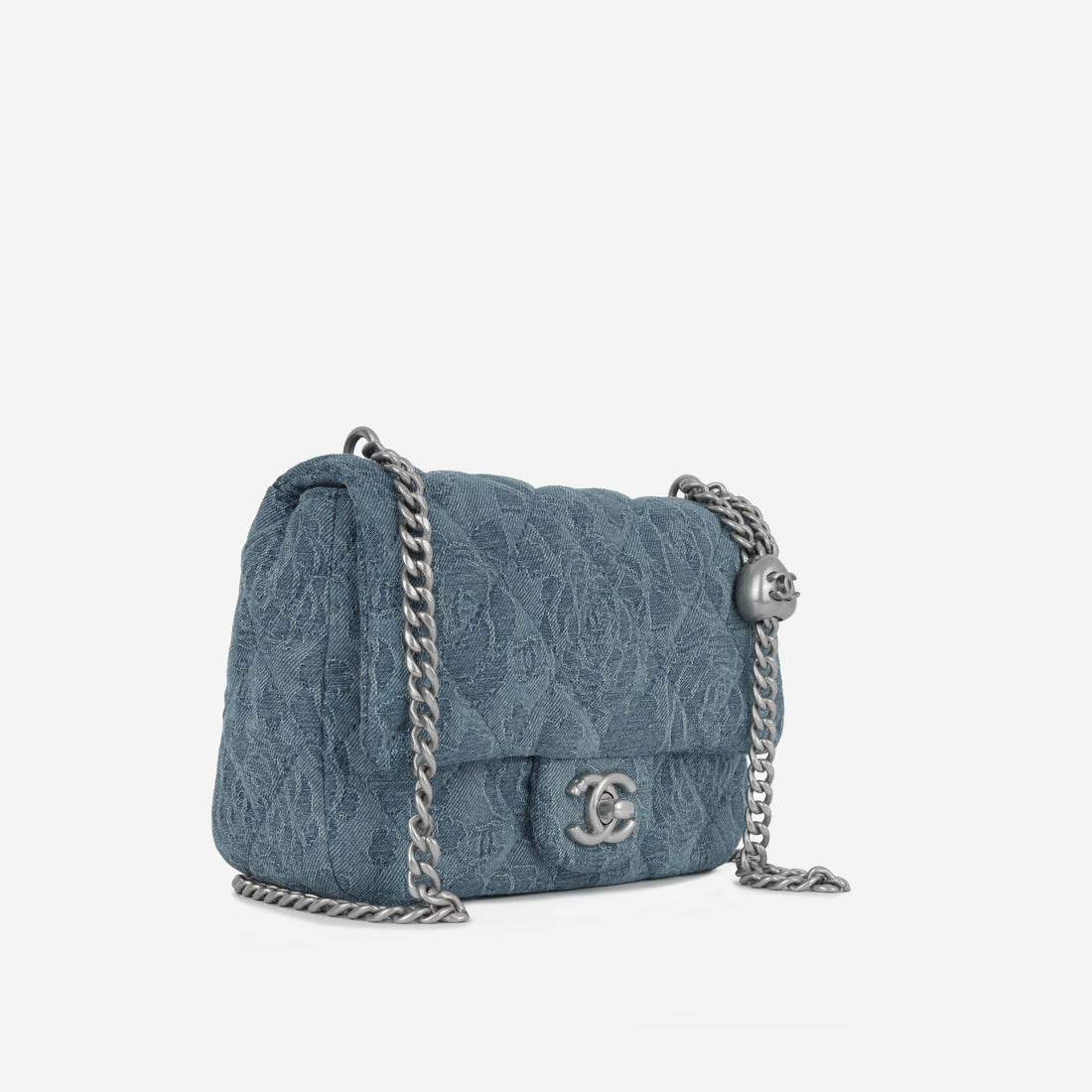 Chanel Square Camellia Heart Crush Blue Embroidered Denim Silver Hardware