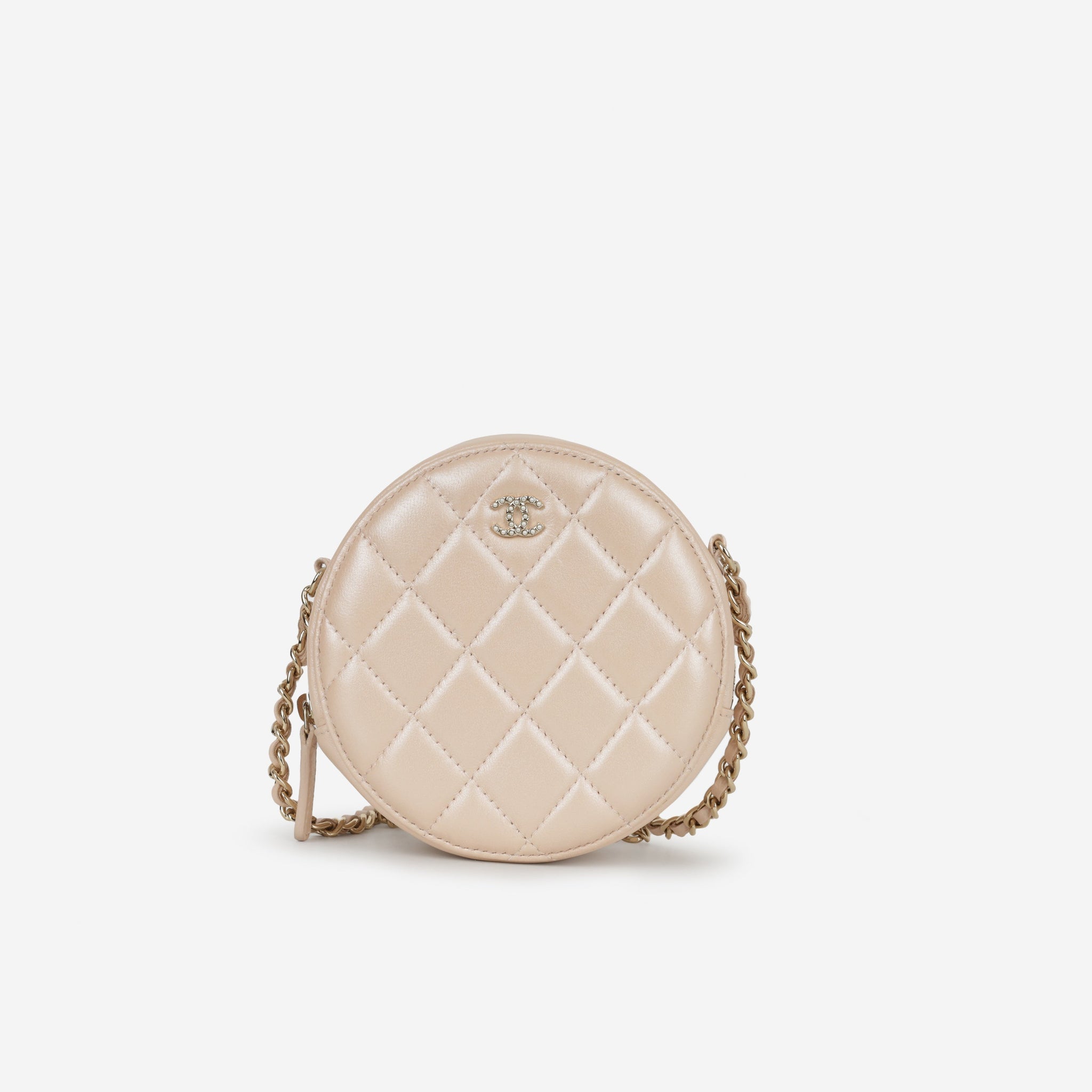 Chanel Pearl CC Round Clutch Iridescent Pink Lambskin Champagne Gold Hardware