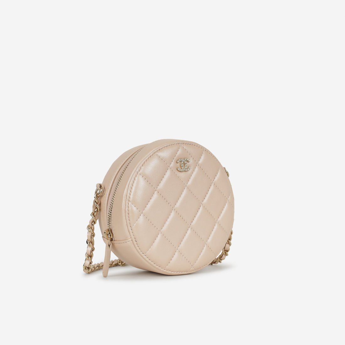 Chanel Pearl CC Round Clutch Iridescent Pink Lambskin Champagne Gold Hardware