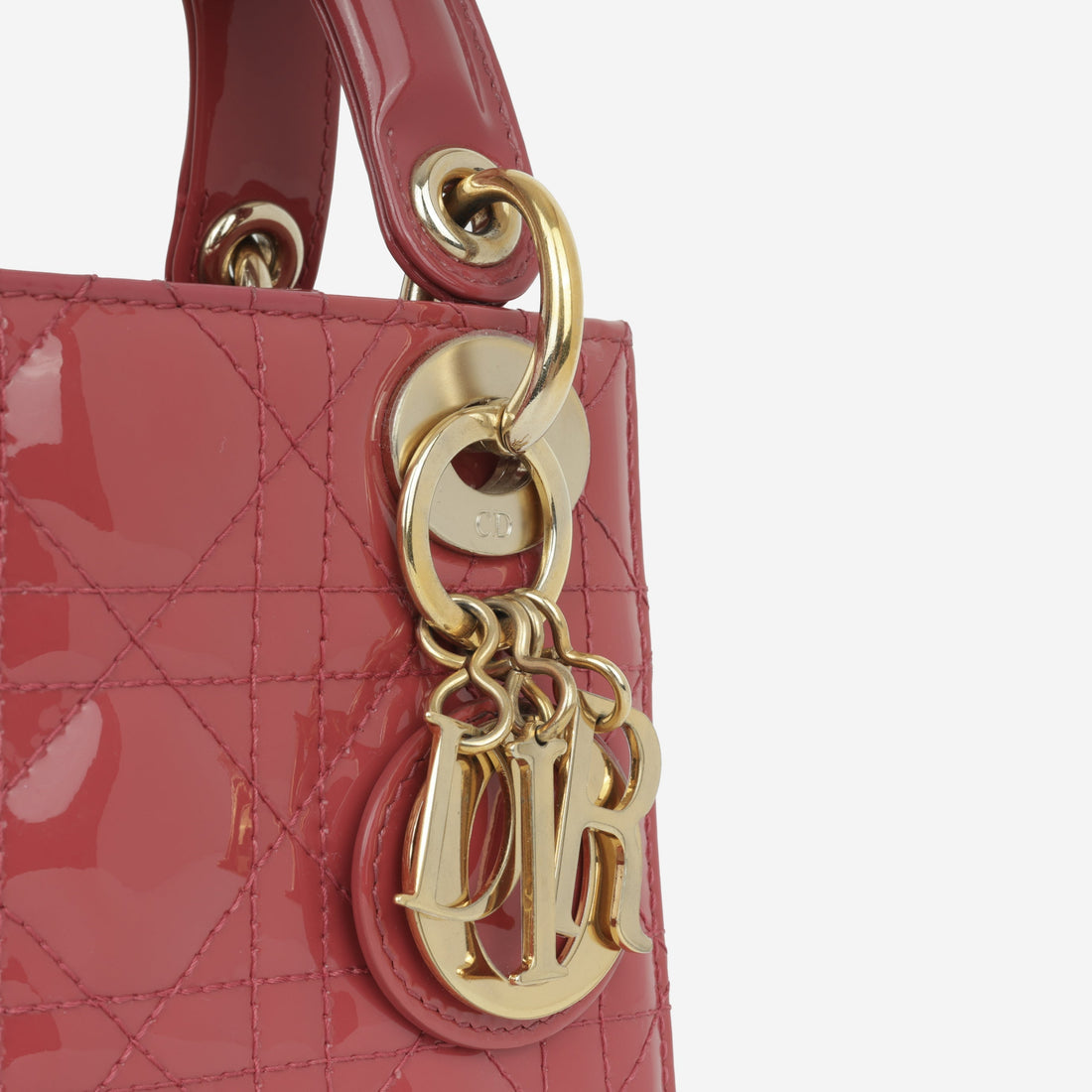 Christian Dior Mini Lady Dior Rose Pink Patent Lambskin Champagne Gold Hardware
