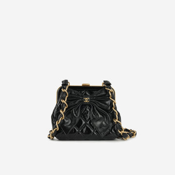 Chanel 24A Bowknot Clutch on ChainBlack Shiny Crumpled Calfskin Aged Gold Hardware