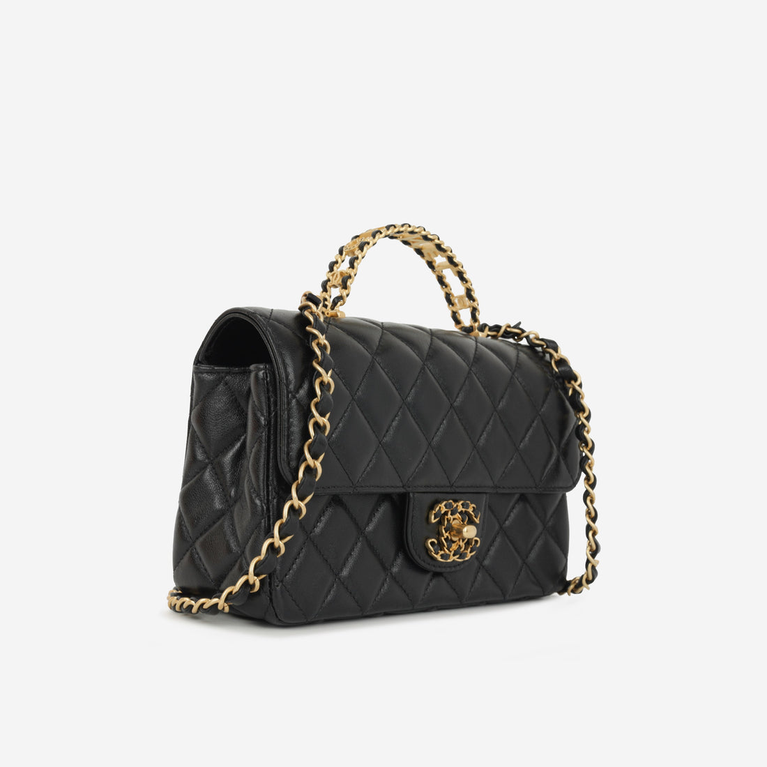 Chanel Mini Rectangular Strass Top Handle Black Lambskin Gold Hardware