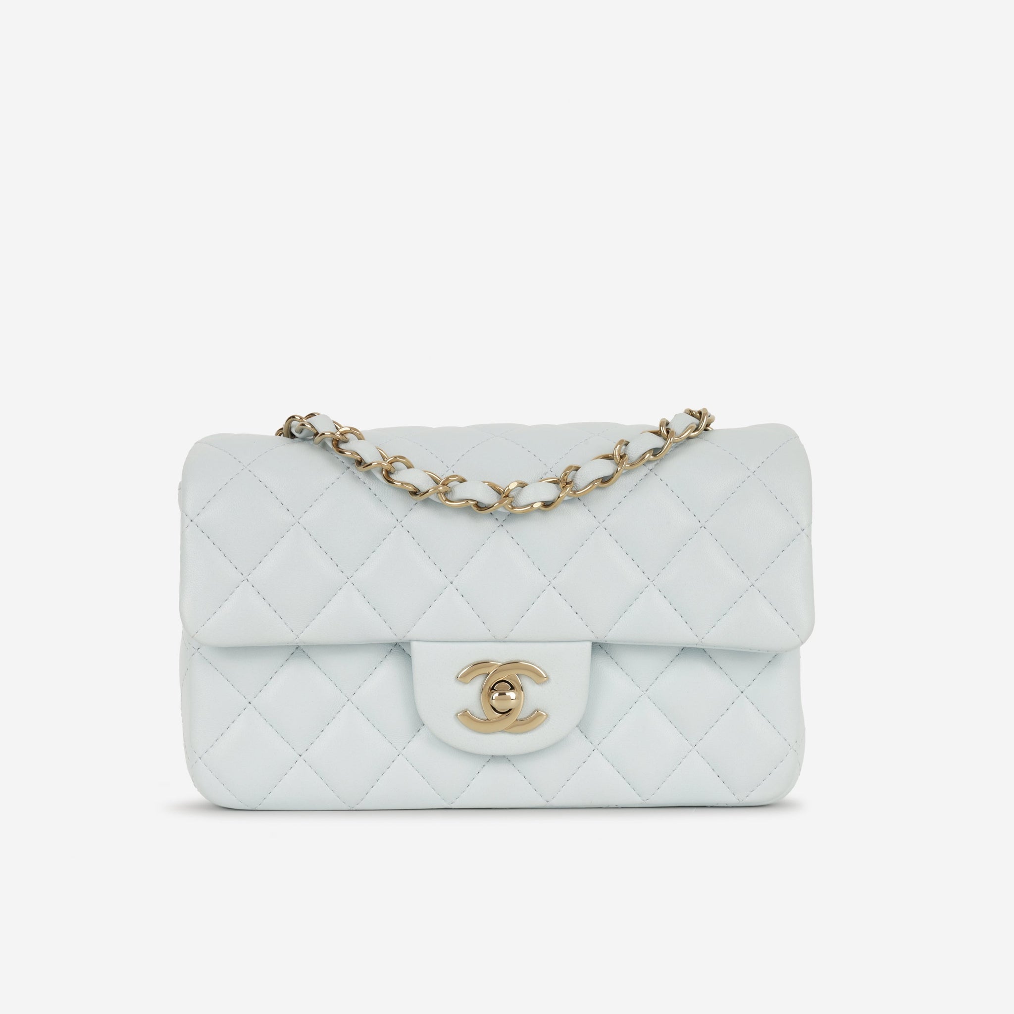 Chanel Mini Rectangular Baby Blue Lambskin Champagne Gold Hardware