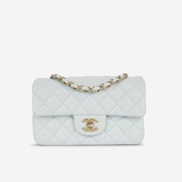 Chanel Mini Rectangular Baby Blue Lambskin Champagne Gold Hardware