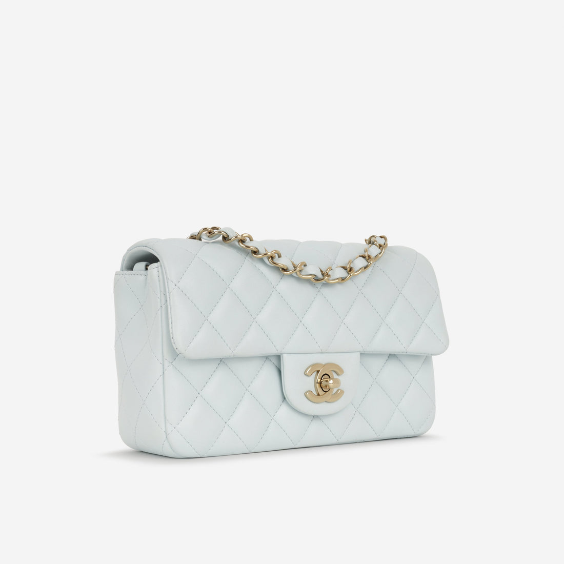 Chanel Mini Rectangular Baby Blue Lambskin Champagne Gold Hardware