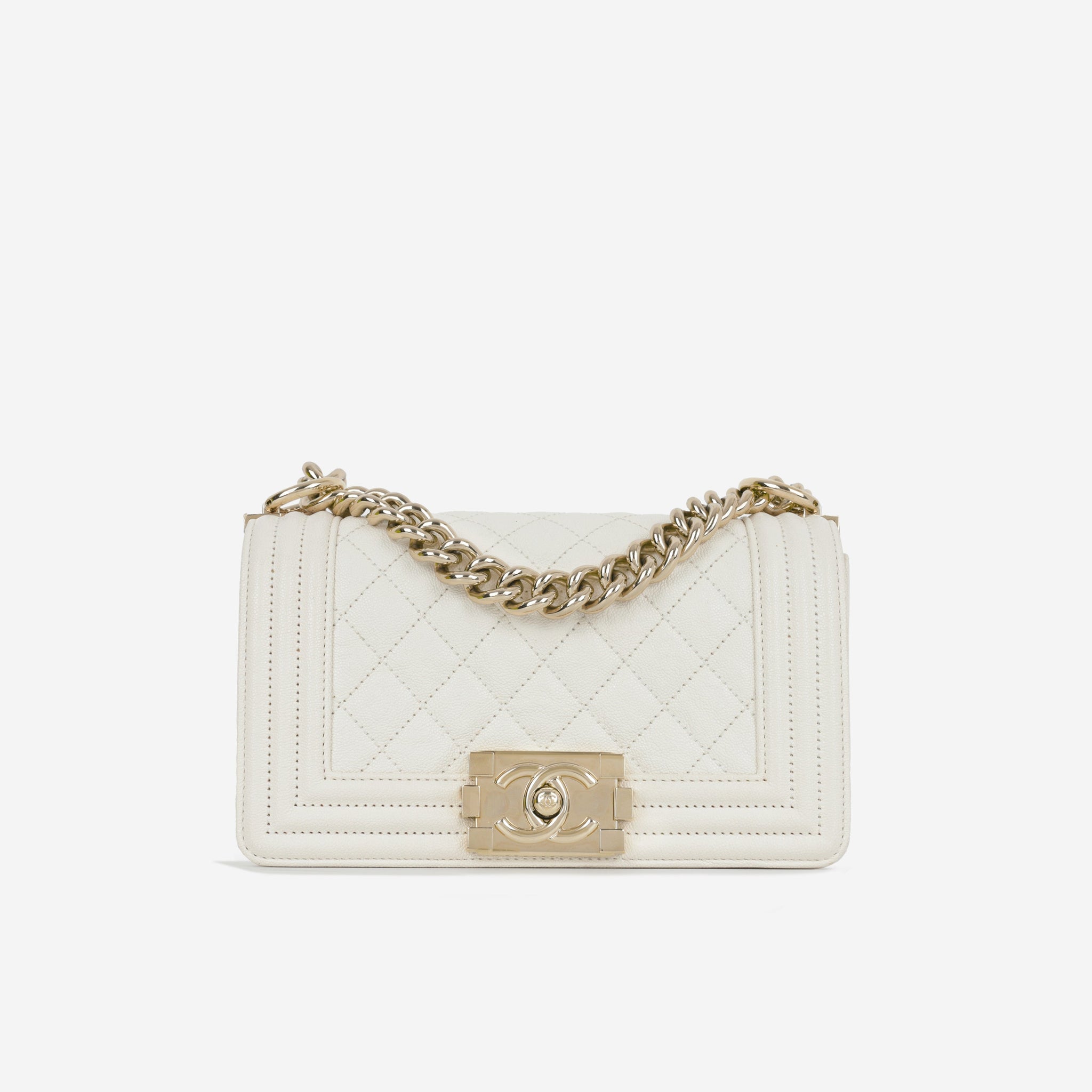 Chanel Small Boy Bag Ivory Caviar Champagne Gold Hardware