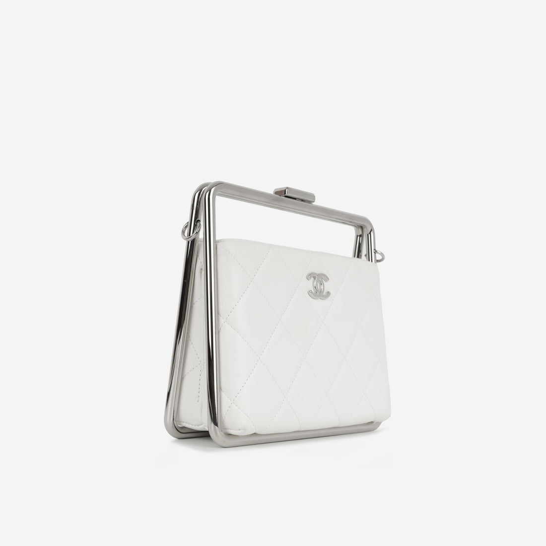 Chanel Convertible Clutch Satchel White Lambskin Silver Hardware