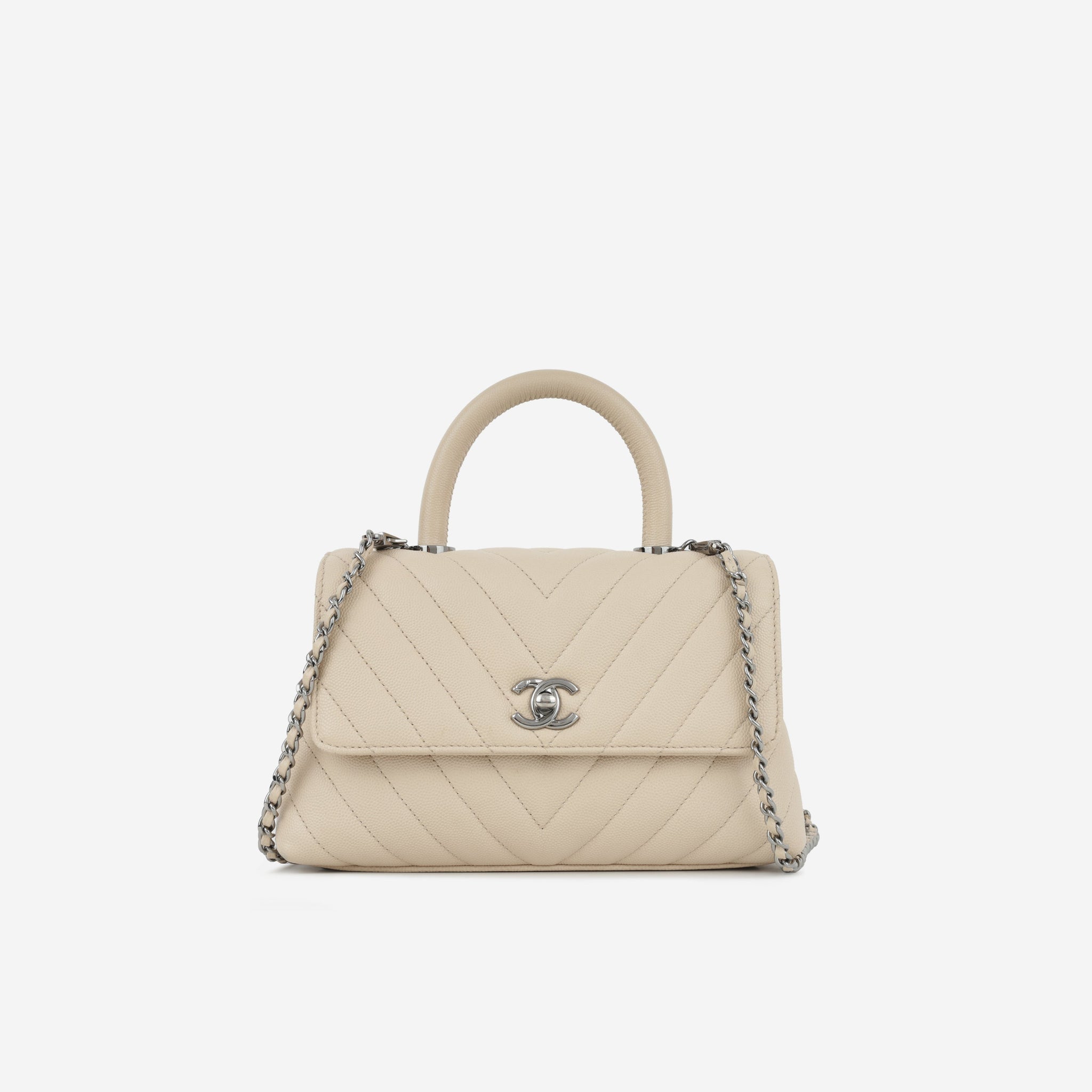 Chanel Small Coco Handle Beige Chevron Caviar Ruthenium Hardware