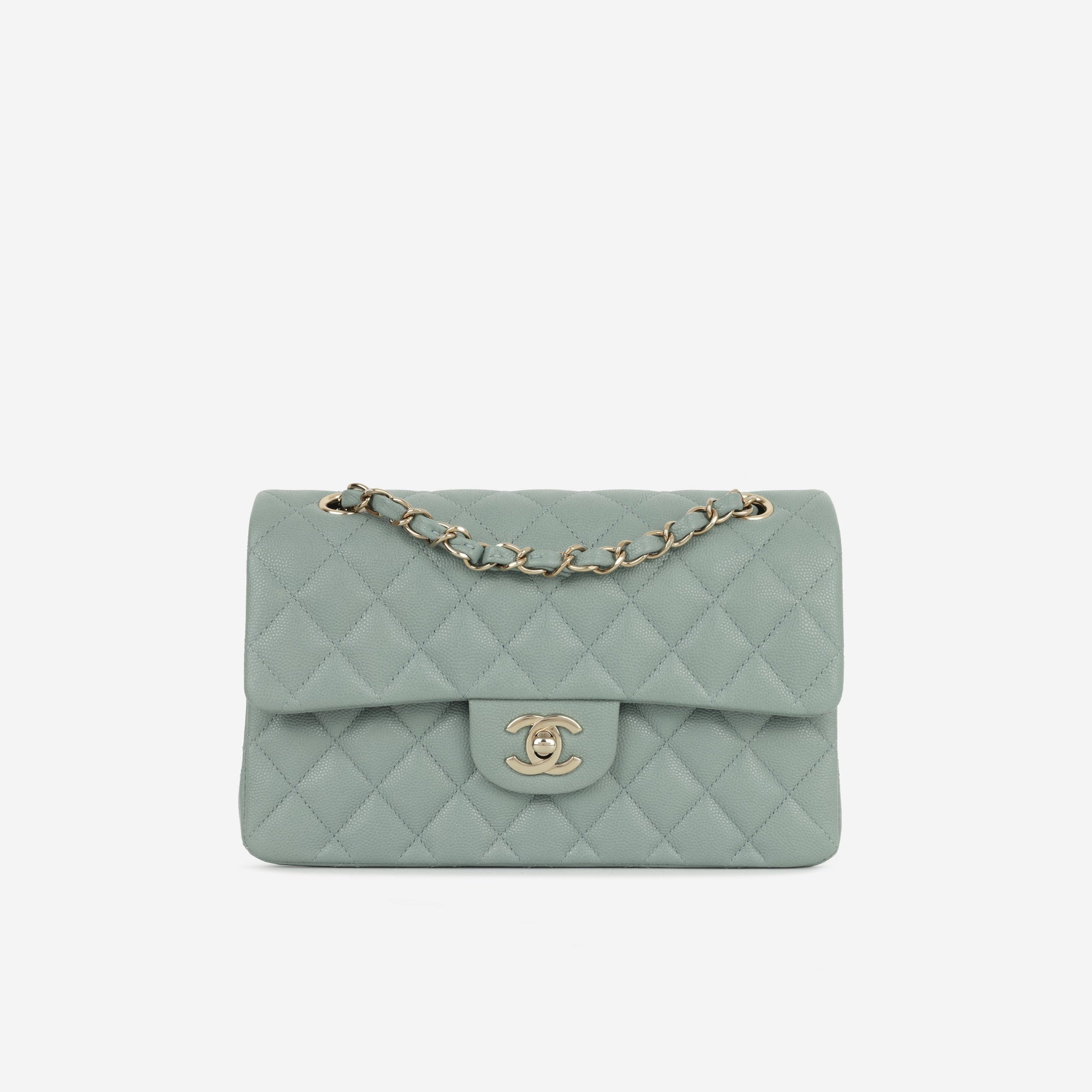 Chanel Small Classic Flap Sage Green Caviar Champagne Gold Hardware