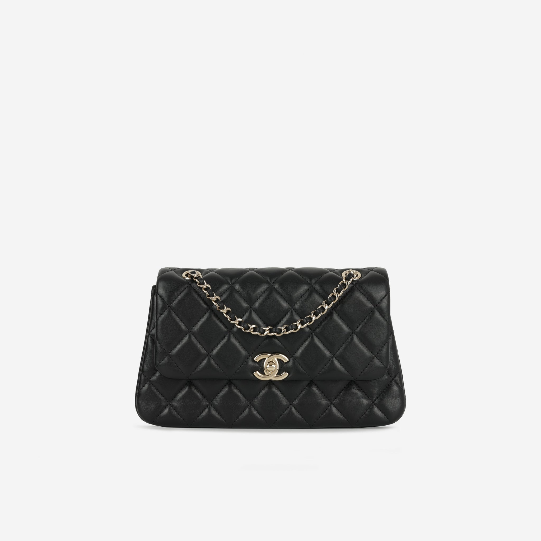 Chanel 25S Classic Flap Bag Black Lambskin Champagne Gold Hardware