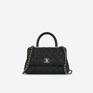 Chanel Small Coco Handle Black Caviar / Burgundy Lizard Handle Champagne Gold Hardware