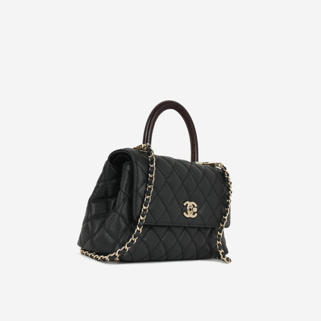 Chanel Small Coco Handle Black Caviar / Burgundy Lizard Handle Champagne Gold Hardware