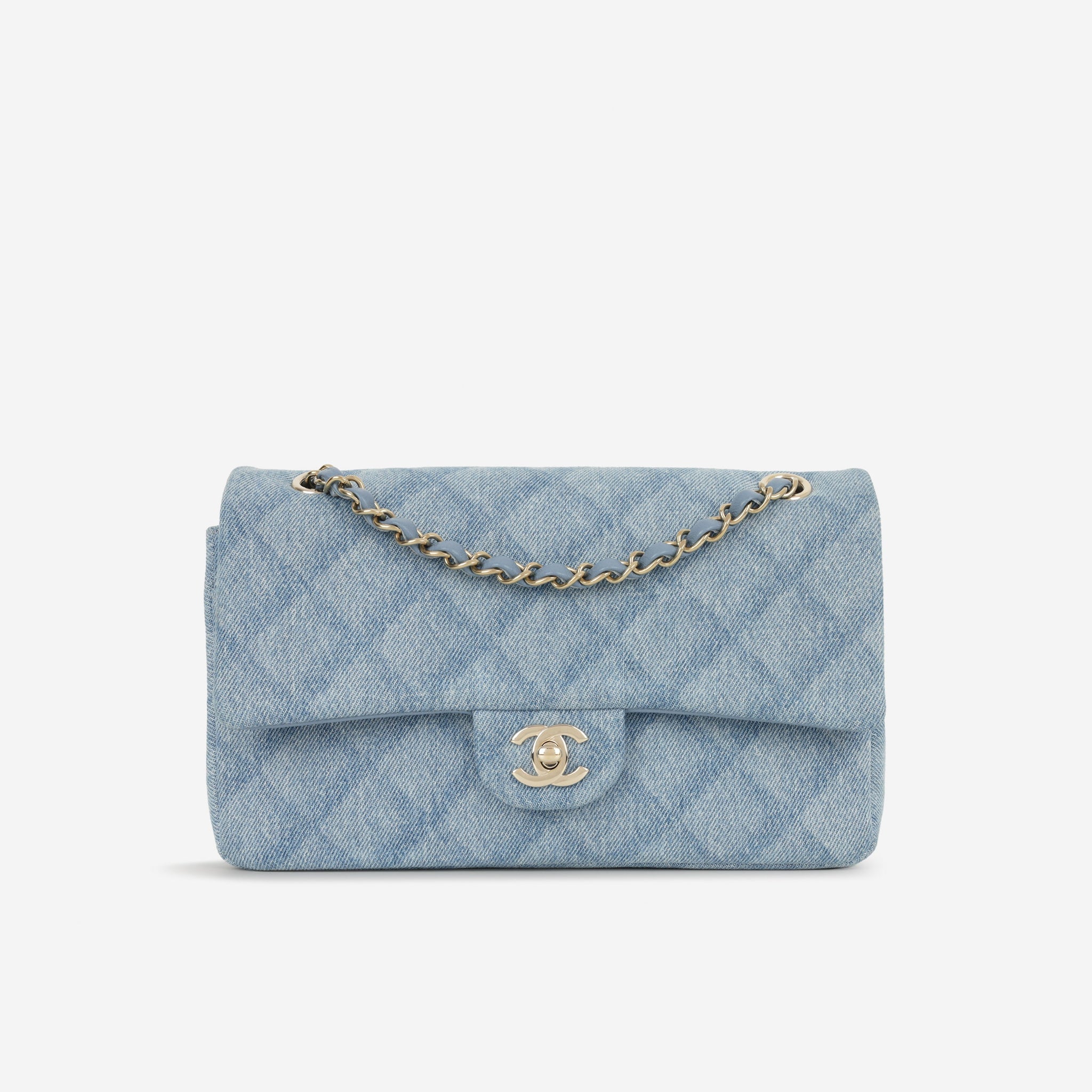 Chanel Medium Classic Flap Denim Tromp L'oeil Champagne Gold Hardware