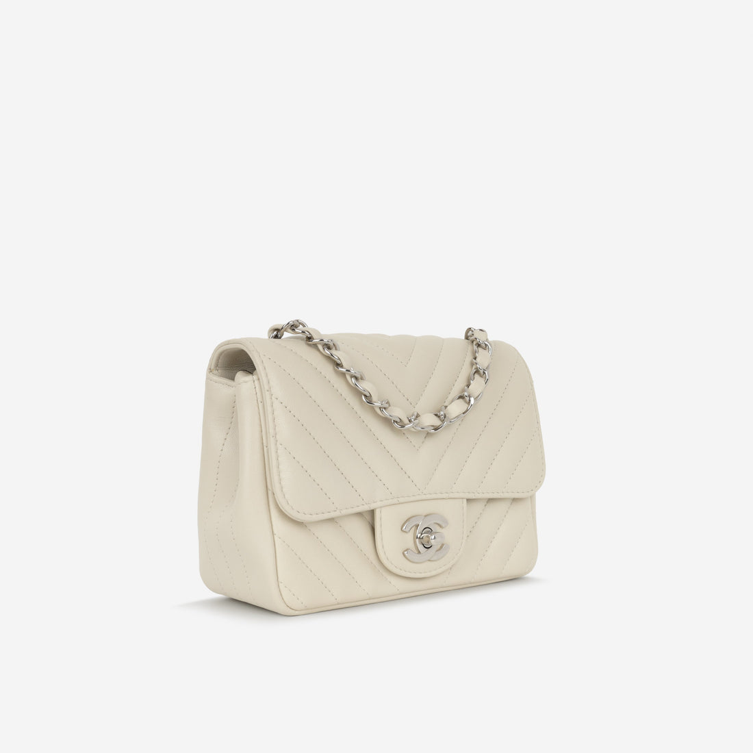 Chanel Mini Square Ivory Chevron Lambskin Silver Hardware