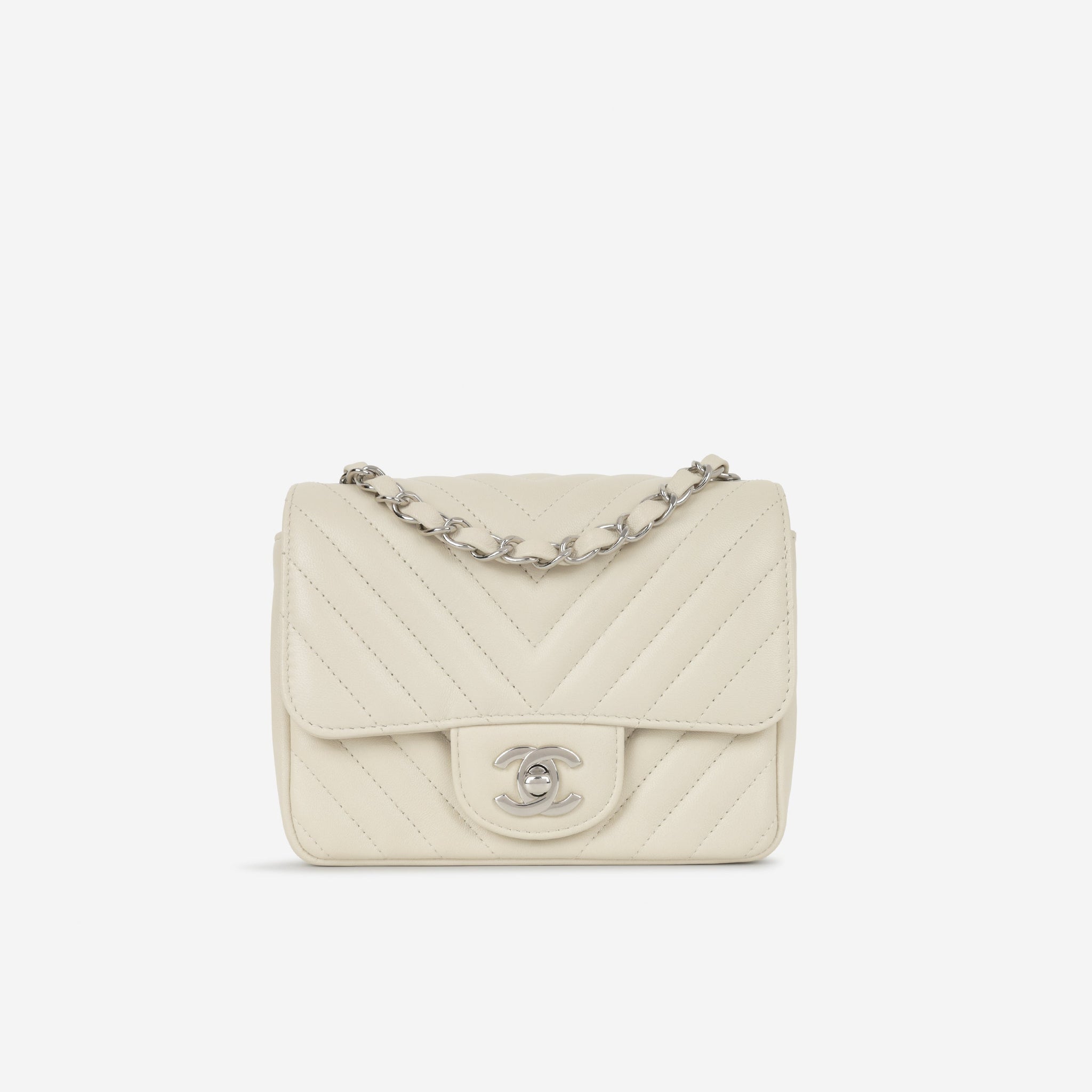 Chanel Mini Square Ivory Chevron Lambskin Silver Hardware