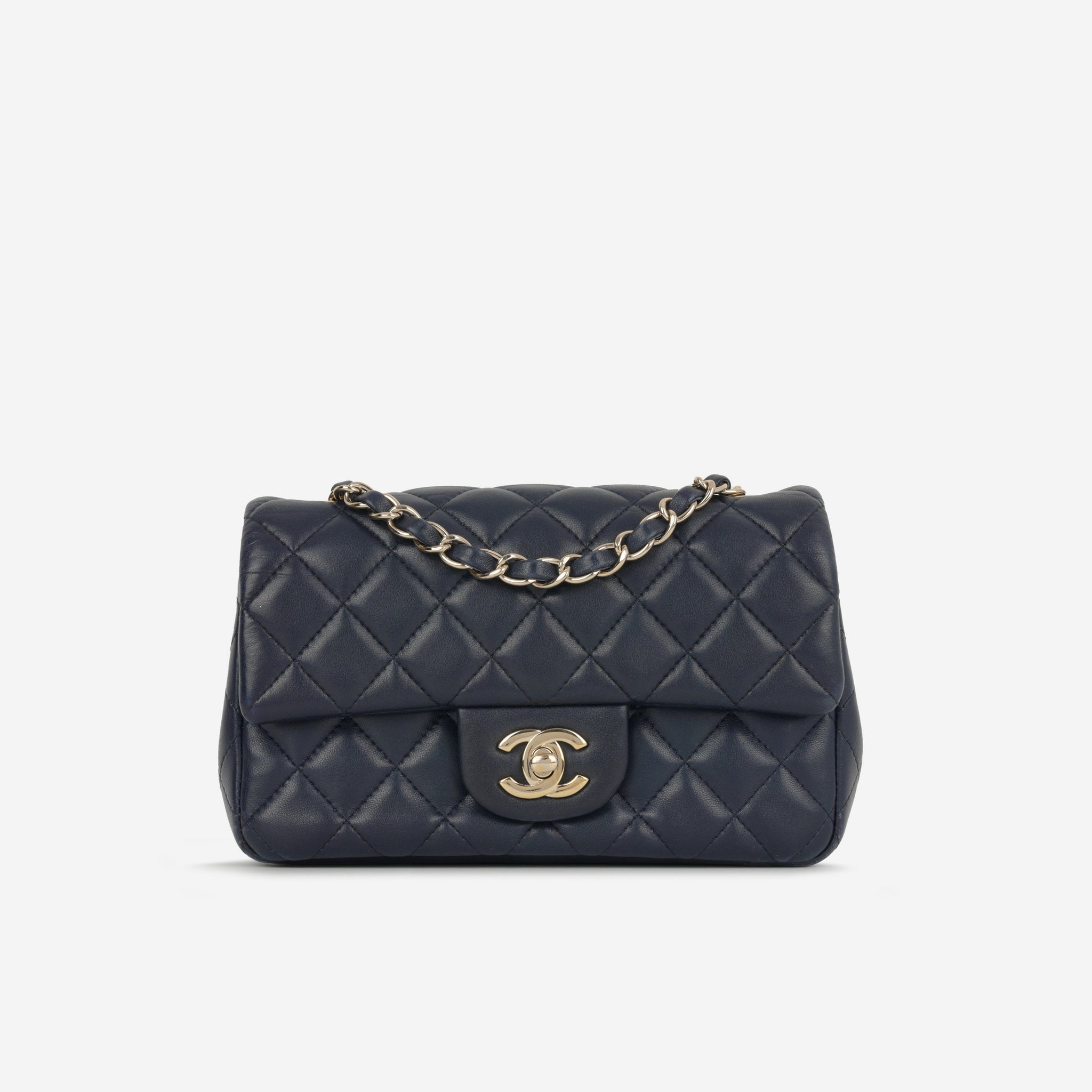 Chanel Mini Flap Rectangular Navy Lambskin Champagne Gold Hardware