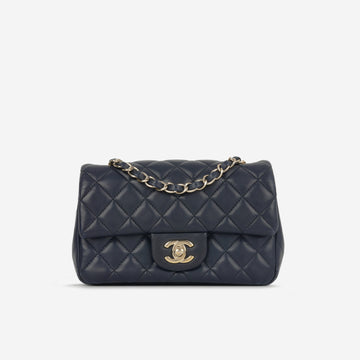 Chanel Mini Flap Rectangular Navy Lambskin Champagne Gold Hardware