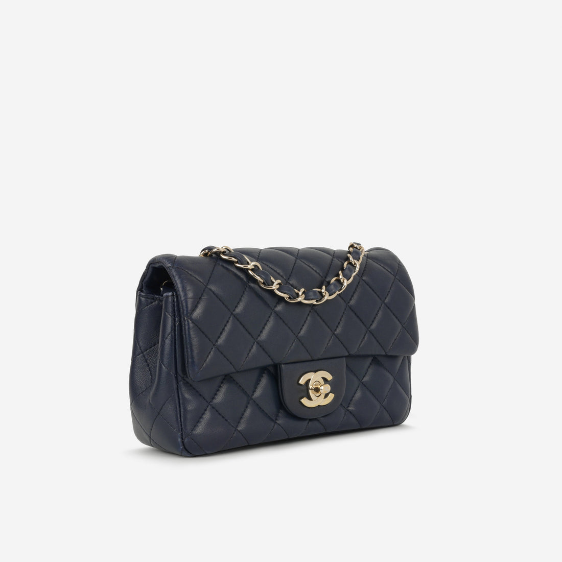 Chanel Mini Flap Rectangular Navy Lambskin Champagne Gold Hardware
