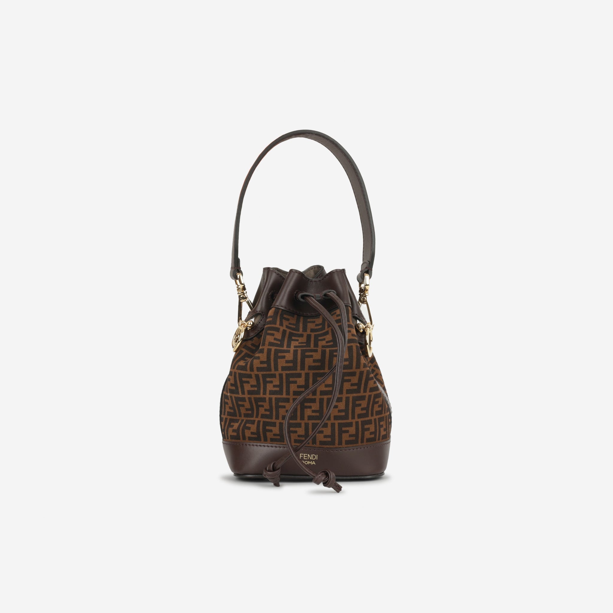 Fendi Mini Mon Tresor Bucket Bag FF Canvas/Brown Calfskin Gold Hardware