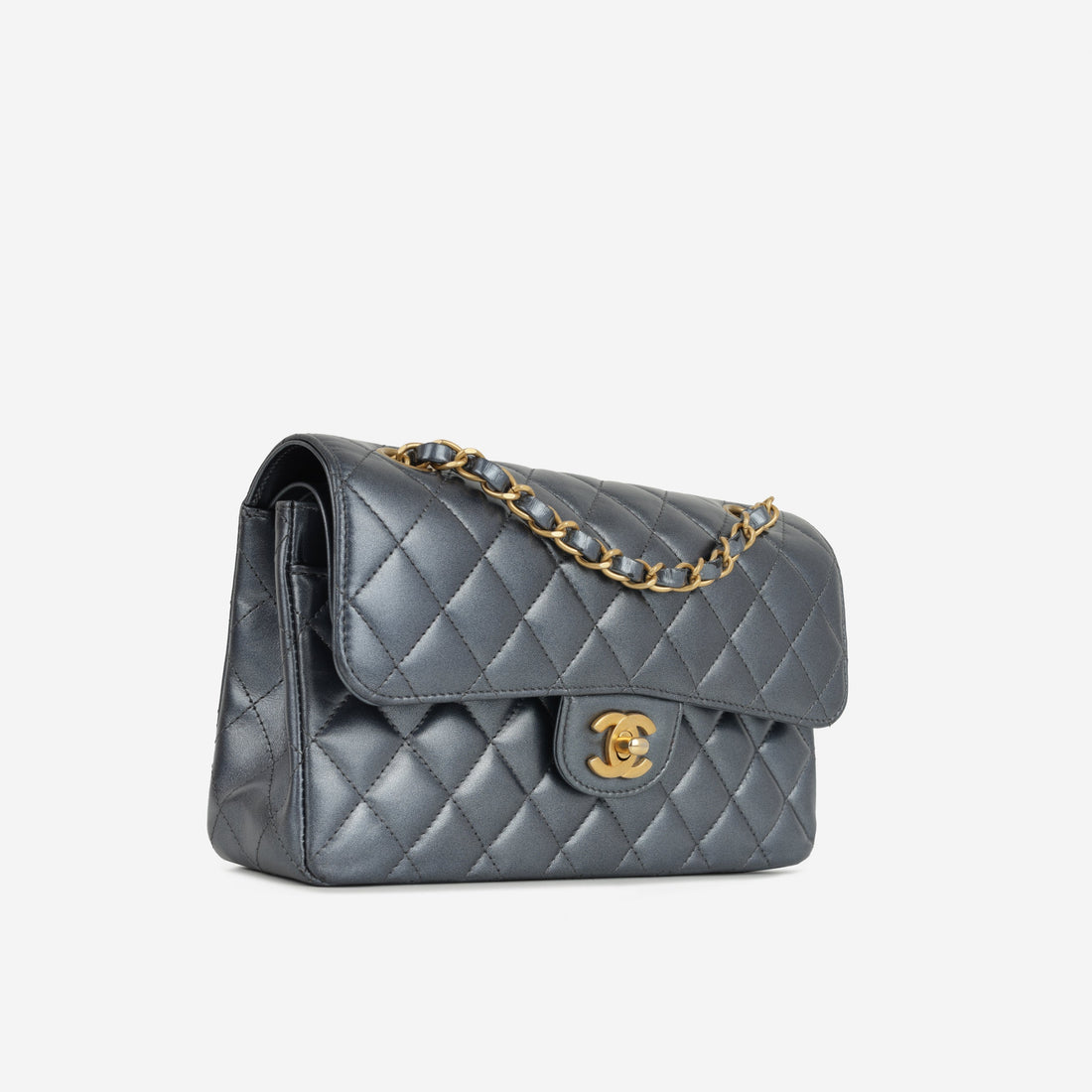 Chanel Small Classic Flap Blue Metallic Calfskin Gold Hardware