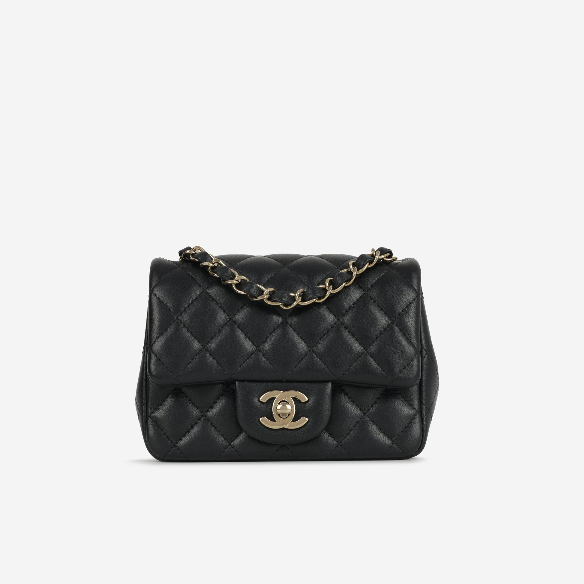 Chanel Mini Square Classic Flap Black Lambskin Champagne Gold Hardware