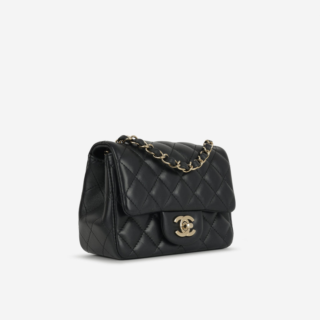 Chanel Mini Square Classic Flap Black Lambskin Champagne Gold Hardware