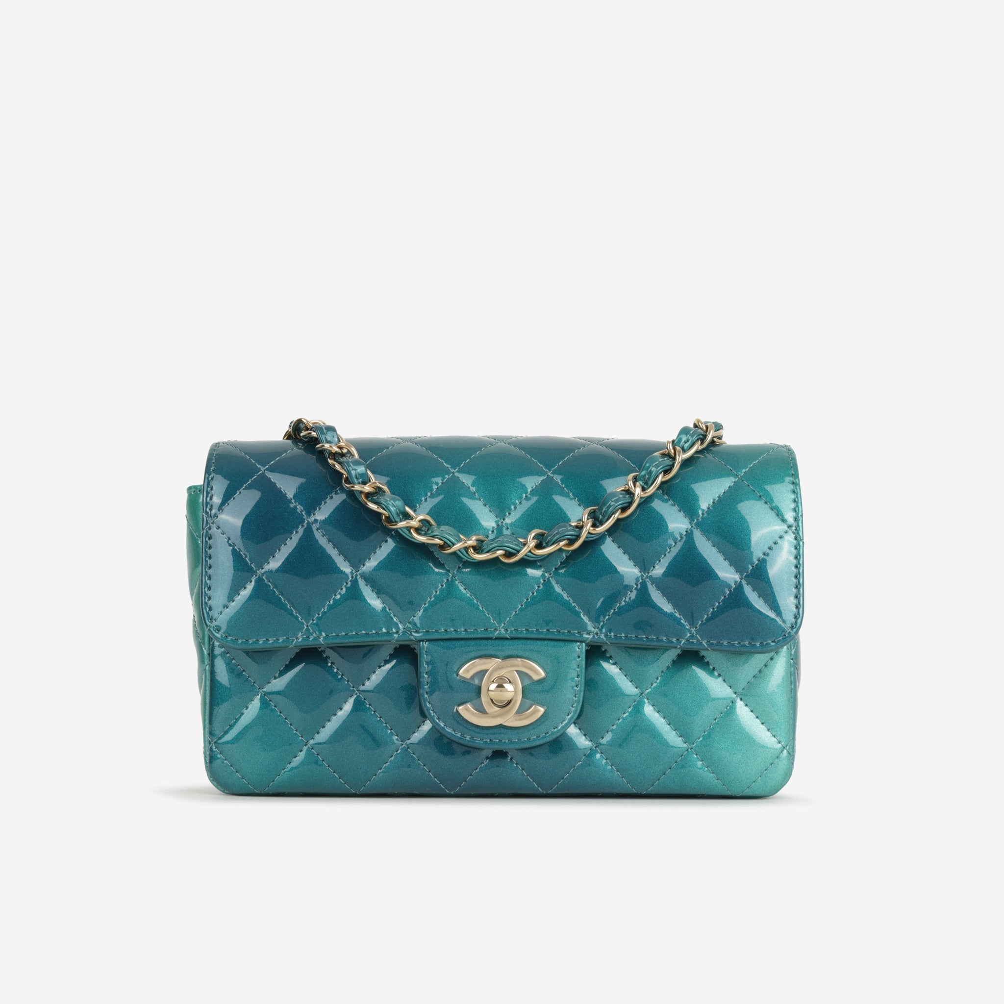 Chanel Mini Flap Rectangular Blue Ombre Patent Champagne Gold Hardware