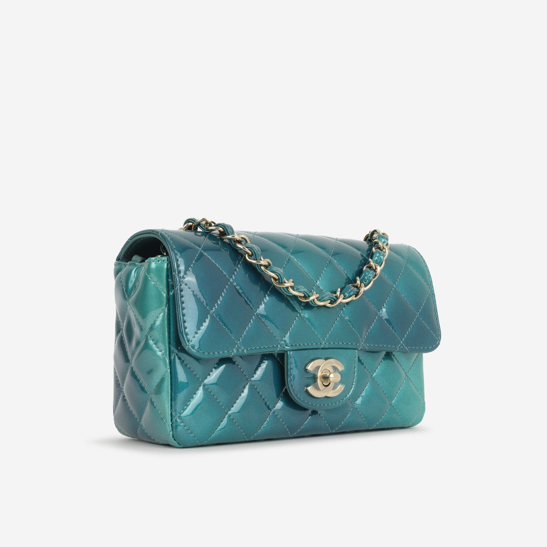 Chanel Mini Flap Rectangular Blue Ombre Patent Champagne Gold Hardware