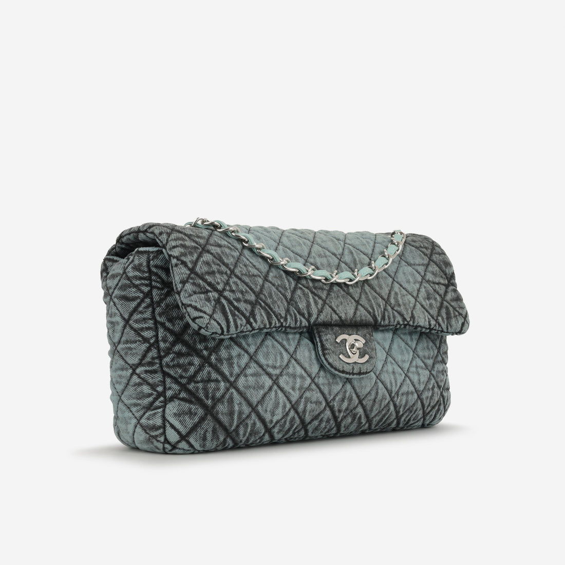 Chanel 20c Seasonal Jumbo Flap Teal / Black Denimpression  Silver Hardware