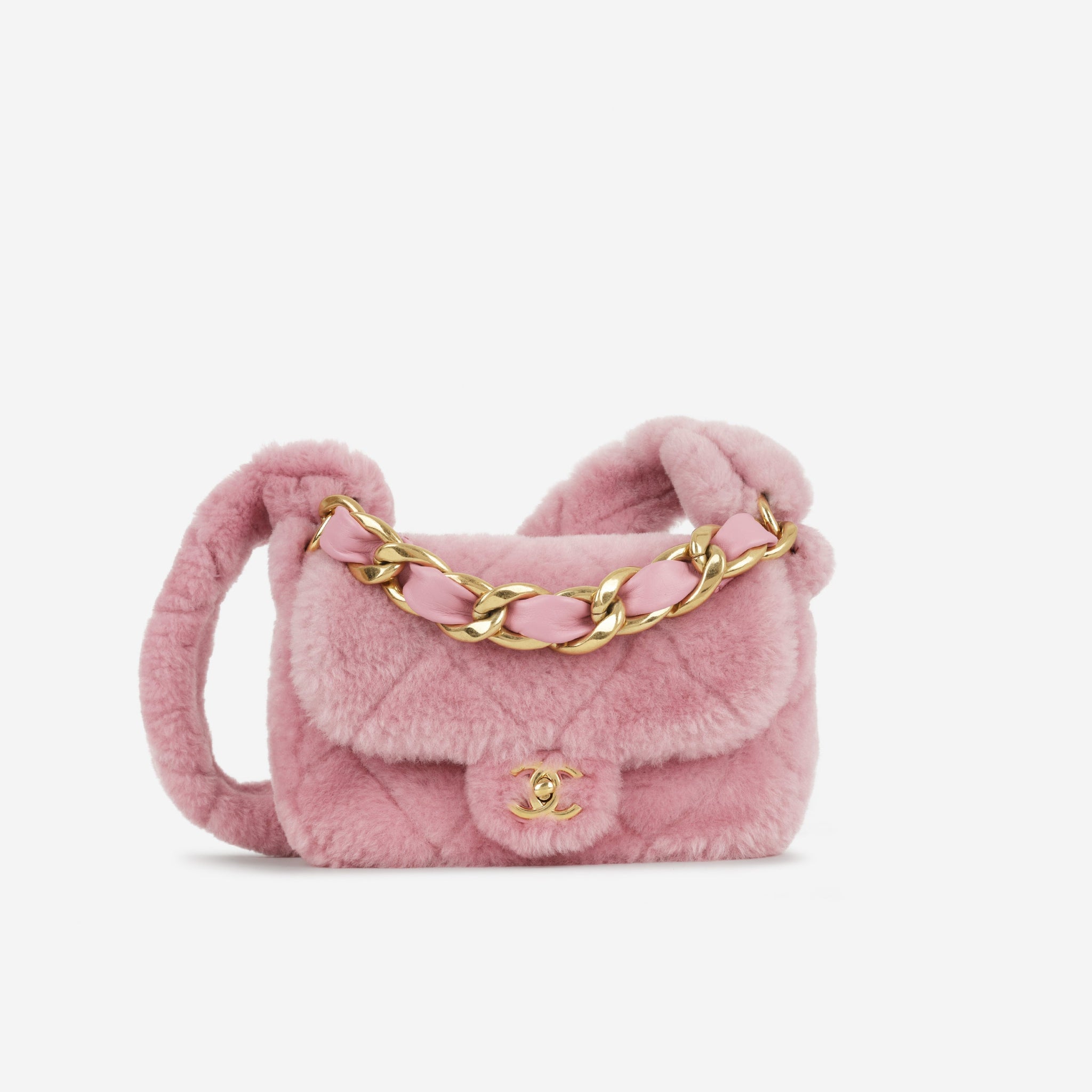 Chanel 22s Quilted Flap Pink Shearling Gold Hardware
