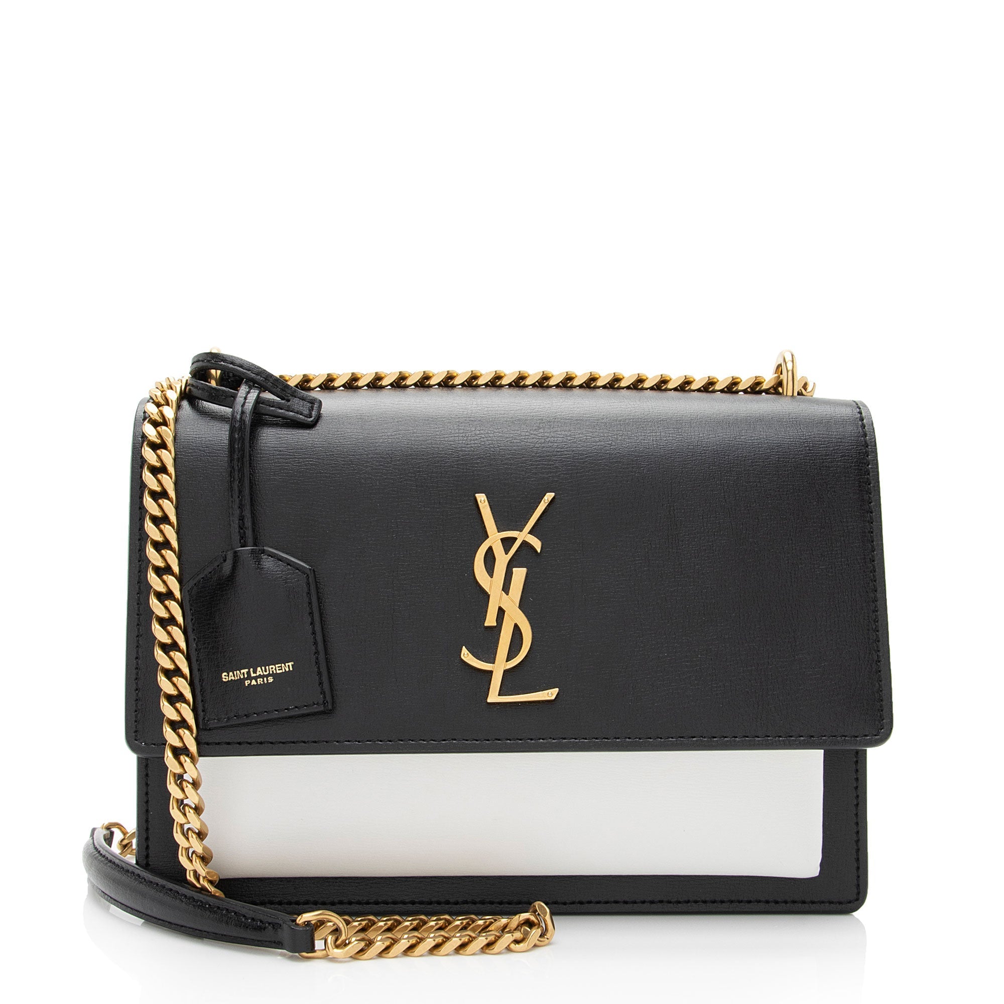 Saint Laurent Bi-Color Grained Calfskin Monogram Sunset Medium Shoulder Bag (SHF-1CzWjR)