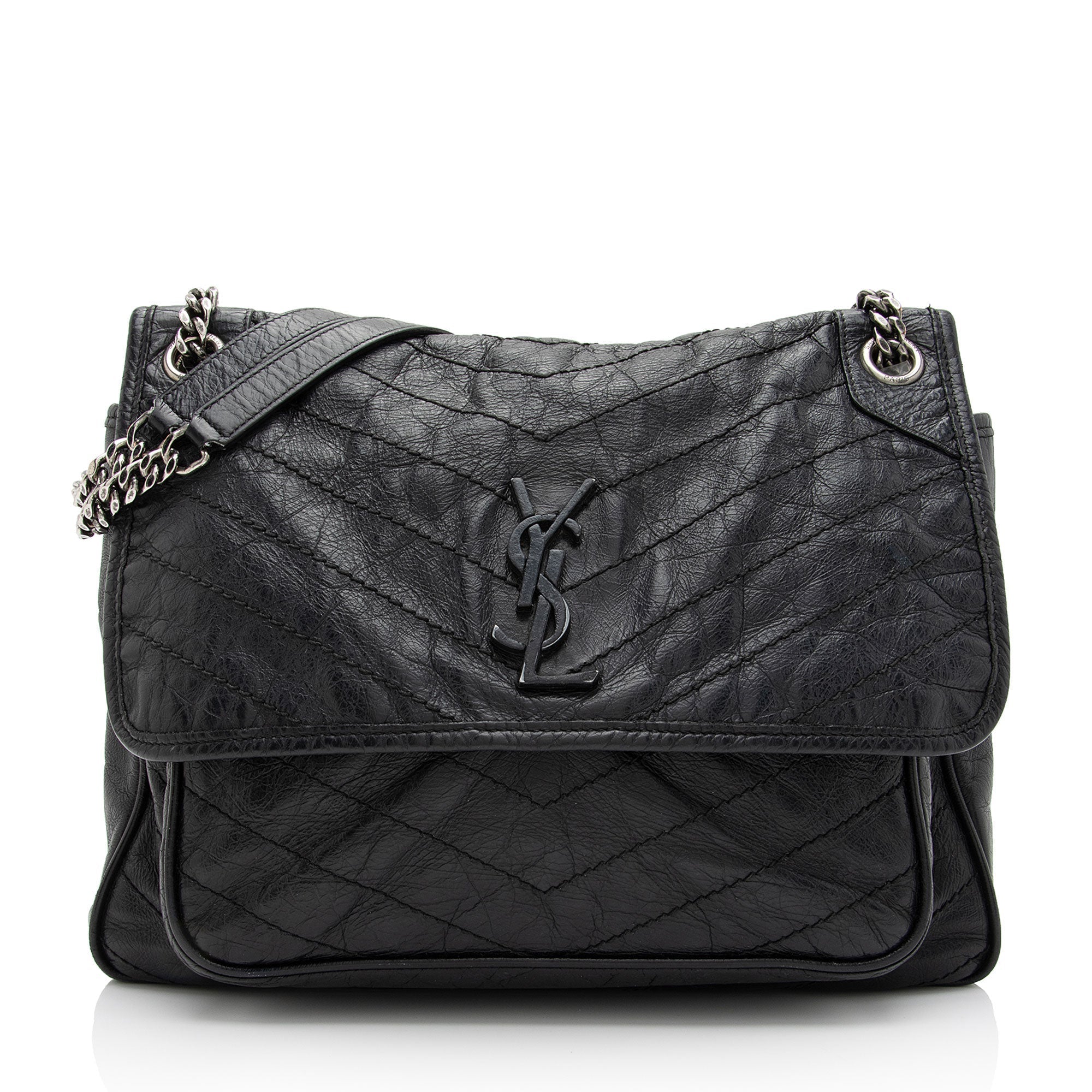 Saint Laurent Crinkled Calfskin Matte Black Monogram Niki Large Shoulder Bag (SHF-eFW25Q)