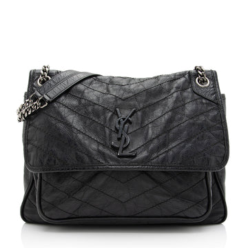 Saint Laurent Crinkled Calfskin Matte Black Monogram Niki Large Shoulder Bag (SHF-eFW25Q)