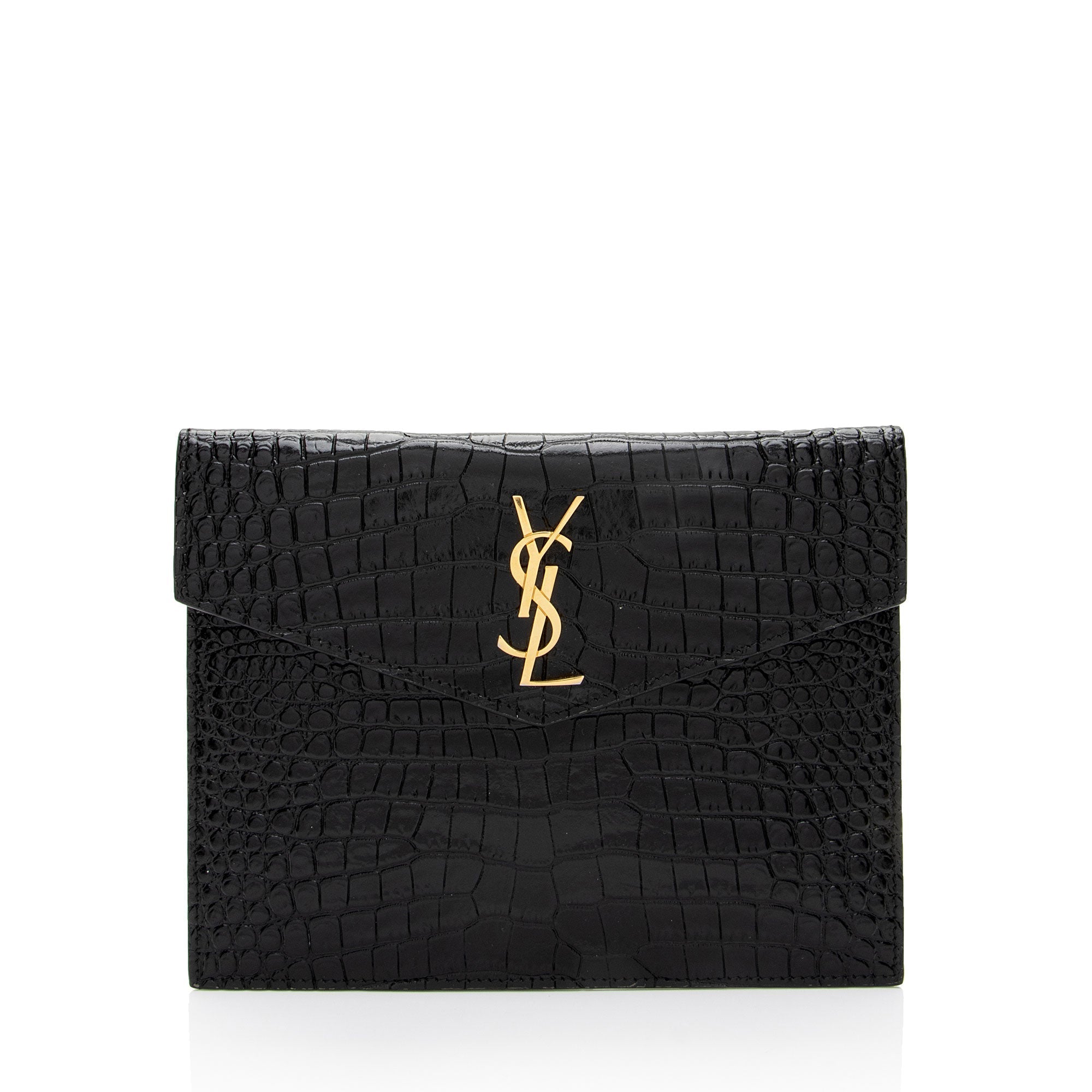Saint Laurent Croc Embossed Leather Monogram Baby Uptown Clutch (SHF-ZduBsW)