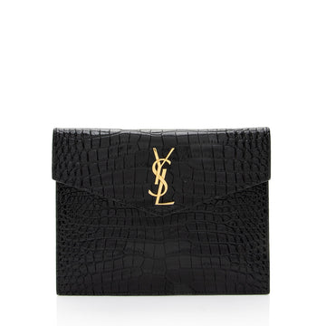 Saint Laurent Croc Embossed Leather Monogram Baby Uptown Clutch (SHF-ZduBsW)