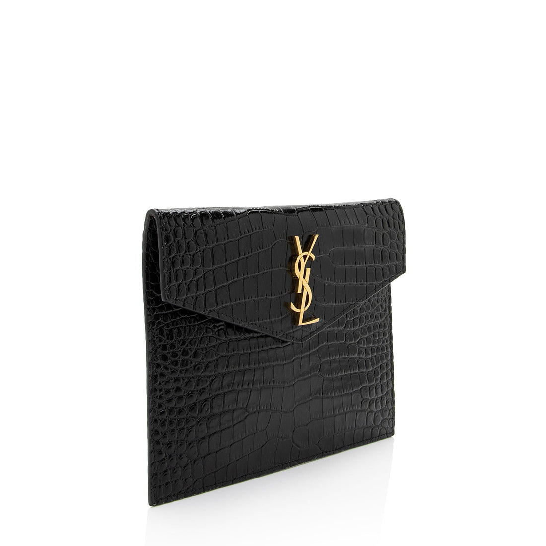 Saint Laurent Croc Embossed Leather Monogram Baby Uptown Clutch (SHF-ZduBsW)