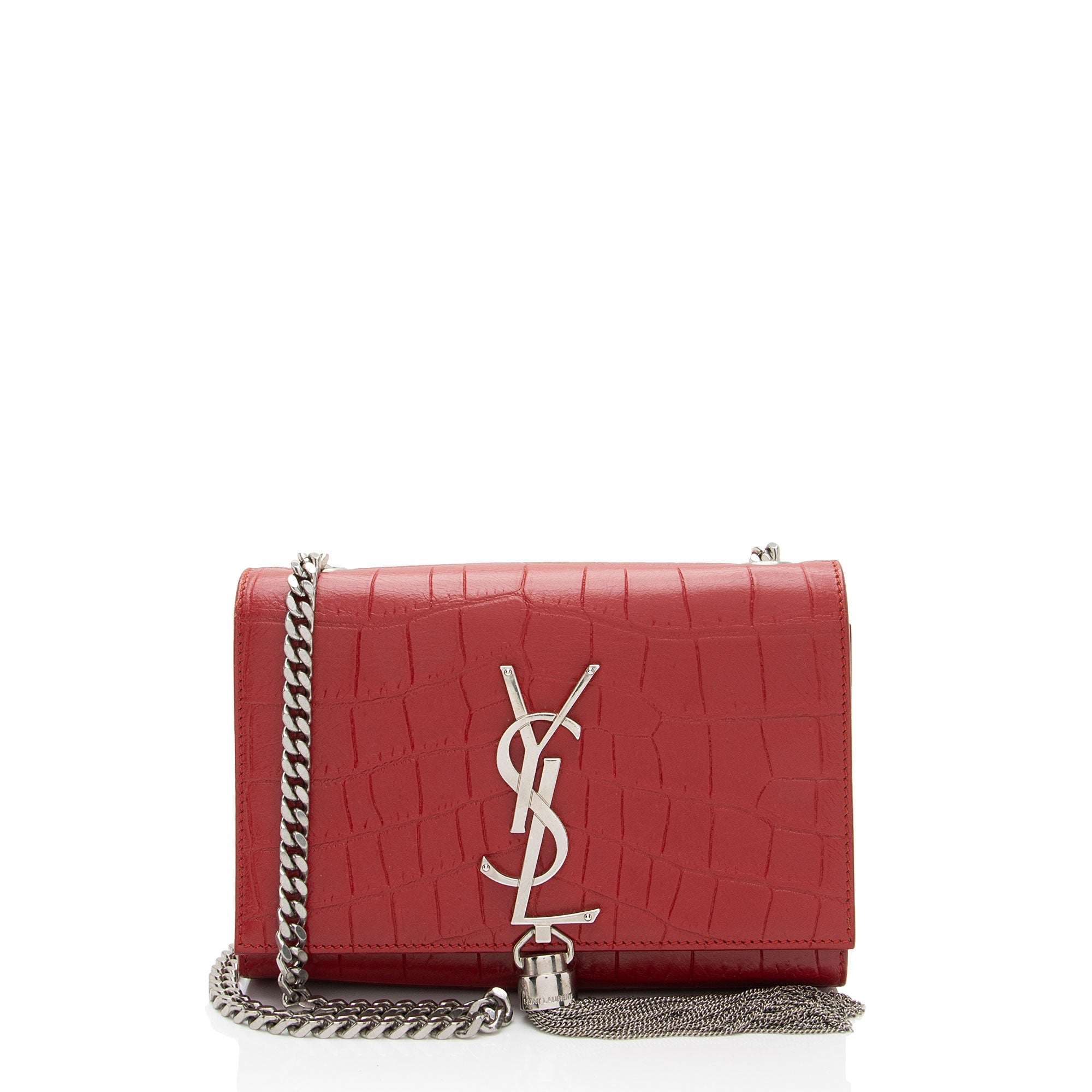 Saint Laurent Croc Embossed Leather Monogram Kate Tassel Mini Shoulder Bag (SHF-ULEaZy)